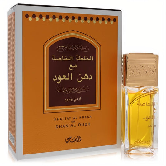 Discover Rasasi Khaltat Al Khasa unisex fragrance: a clear bottle with golden liquid, paired with its ornate amber and gold-patterned box.