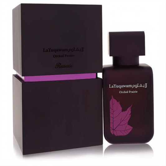 Sophisticated Rasasi La Yuqawam Orchid Prairie 2.5 oz women's EDP. Dark plum bottle, bold purple leaf design, and matching box.