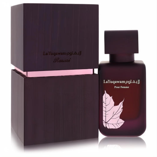 Rasasi LaYuqawam Pour Femme 2.5 oz fragrance. Luxurious matte burgundy bottle with pink leaf design and matching elegant box.