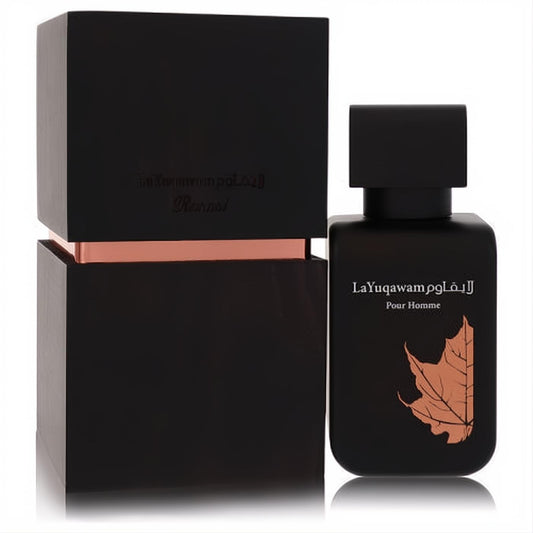 Luxurious Rasasi LaYuqawam men's EDP spray in a matte black bottle with a copper leaf design, beside its elegant black and copper box.