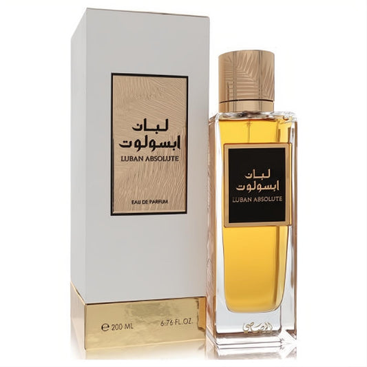 Discover Rasasi Luban Absolute unisex Eau de Parfum spray, 6.76 oz. Elegant clear bottle with golden liquid, gold cap, and white box.