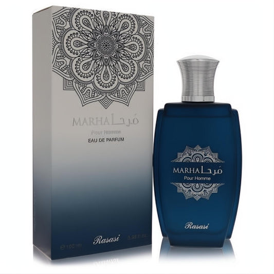 Rasasi Marha Pour Homme 3.38 oz EDP. Sleek dark blue glass bottle, silver ribbed cap, and elegant box with intricate mandala design.