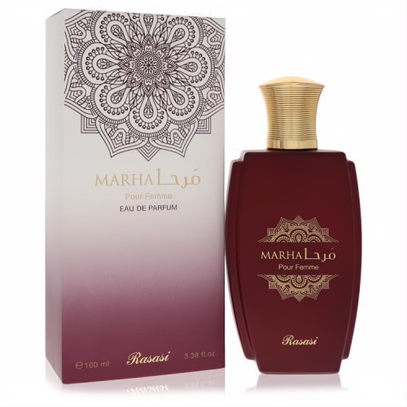 Luxurious Rasasi Marha 3.38 oz Eau De Parfum. Sleek burgundy bottle, elegant gold fluted cap, and ornate patterned box.