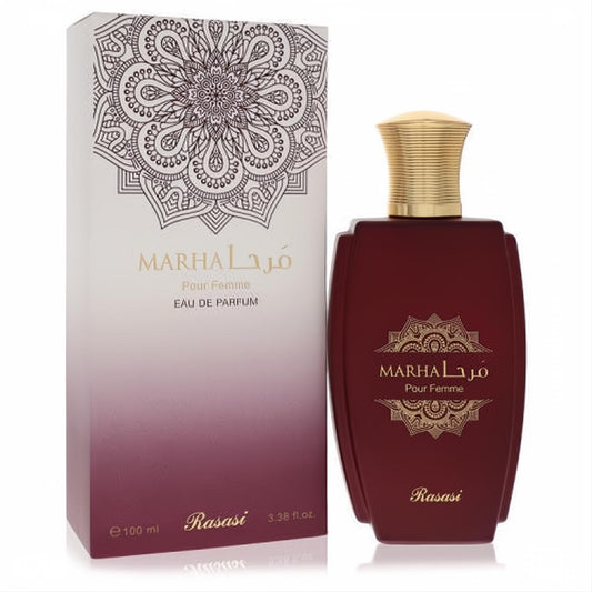 Luxurious Rasasi Marha 3.38 oz Eau De Parfum. Sleek burgundy bottle, elegant gold fluted cap, and ornate patterned box.