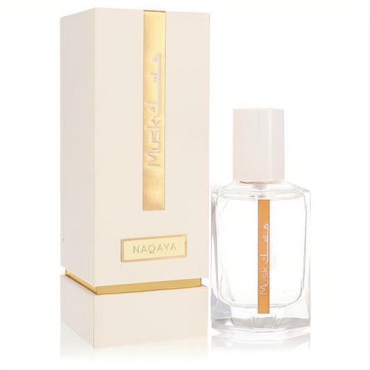 Luxurious Rasasi Musk Naqaya 1.67 oz unisex EDP. Clear bottle, white cap, elegant cream and gold design box.