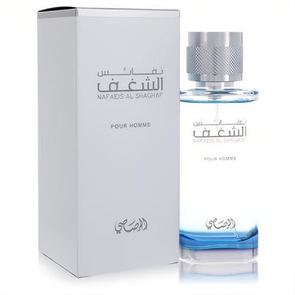 Rasasi Nafaeis Al Shaghaf 3.4 oz men's fragrance. Sleek bottle with blue gradient, silver cap, and elegant white box.