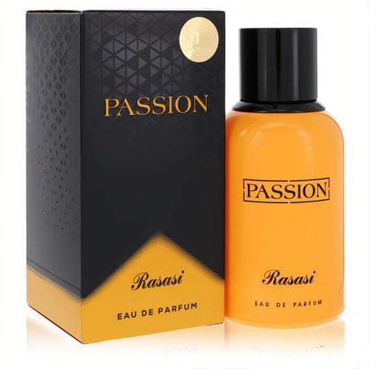 Rasasi Passion unisex Eau De Parfum in a vibrant orange bottle with sleek black cap, paired with its elegant black and gold box.