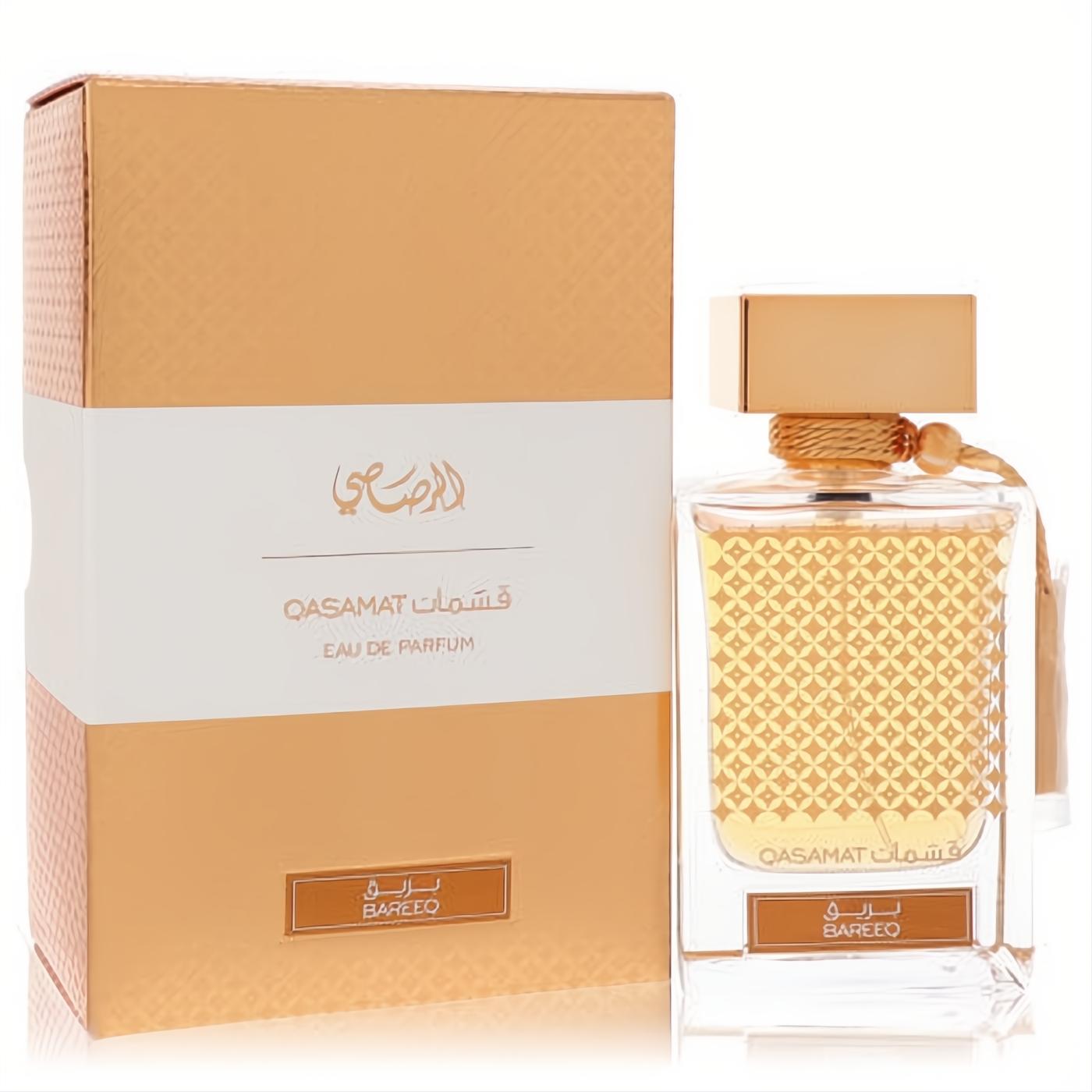 Rasasi Qasamat Bareeq 2.2 oz unisex EDP. Golden bottle with intricate design, tassel, and elegant matching box.