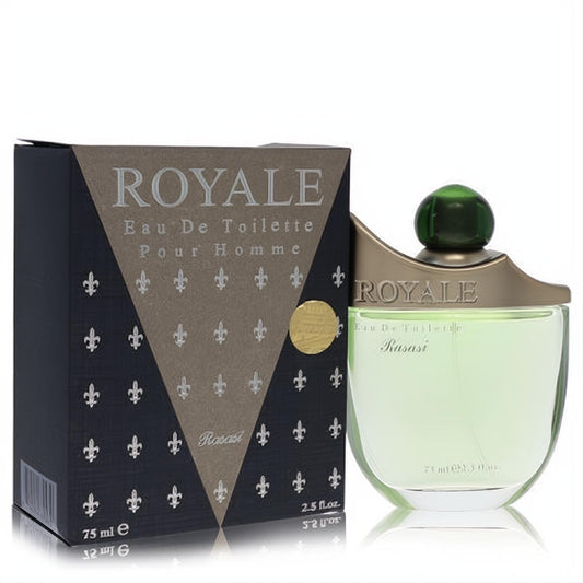Rasasi Royale 2.5 oz EDT for men. Distinctive clear bottle with refreshing green liquid, gold accents, and an elegant dark blue box.
