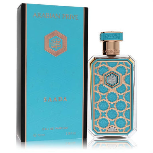 Luxurious Rasasi Saada Arabian Prive 2.36 oz EDP. Intricate turquoise and gold geometric bottle and matching box.