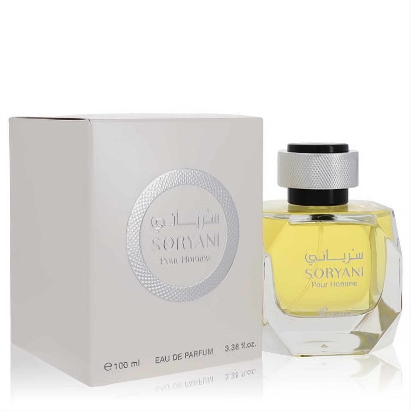 Discover Rasasi Soryani 3.38 oz men's EDP. White box, elegant faceted glass bottle with golden fragrance and a sleek silver cap.