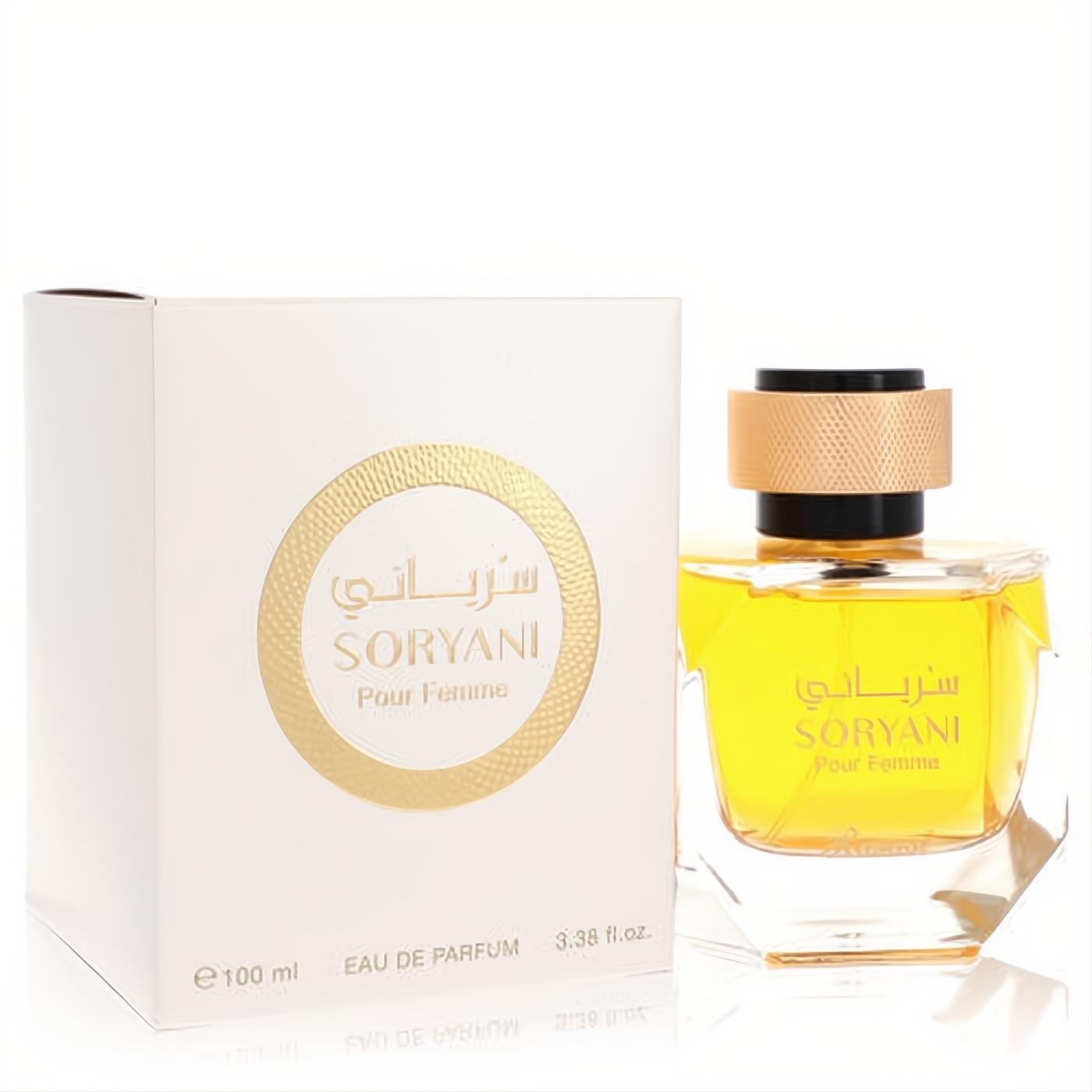 Rasasi Soryani Pour Femme 3.38 oz EDP. Elegant clear bottle with radiant yellow fragrance, gold cap, and matching white box.