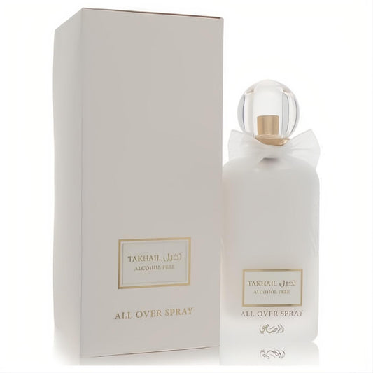 Exquisite Rasasi Takhail 3.38 oz unisex perfume. Frosted white bottle with gold trim, clear cap, and elegant ribbon, beside matching box.