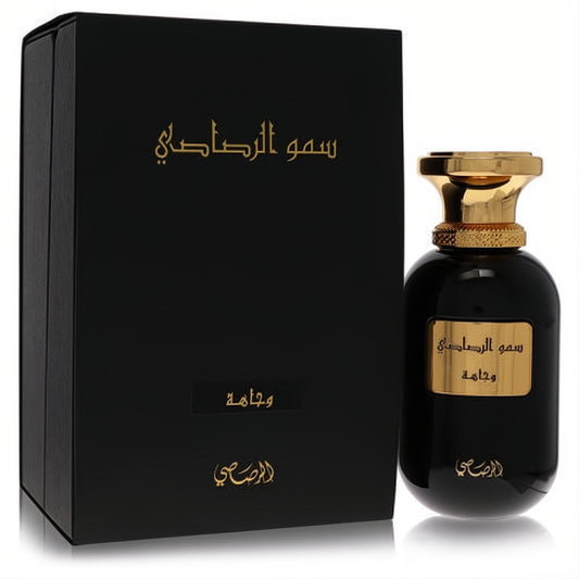 Discover Rasasi Wajaha Oudh Moattar Somow Al unisex EDP. Elegant black bottle, gold cap, and matching box with luxurious Arabic script.