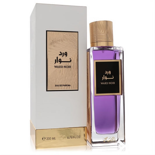 Rasasi Ward Noir 6.76 oz men's EDP. Bold purple fragrance in a sleek glass bottle with a luxurious gold cap, beside its elegant white and gold box.