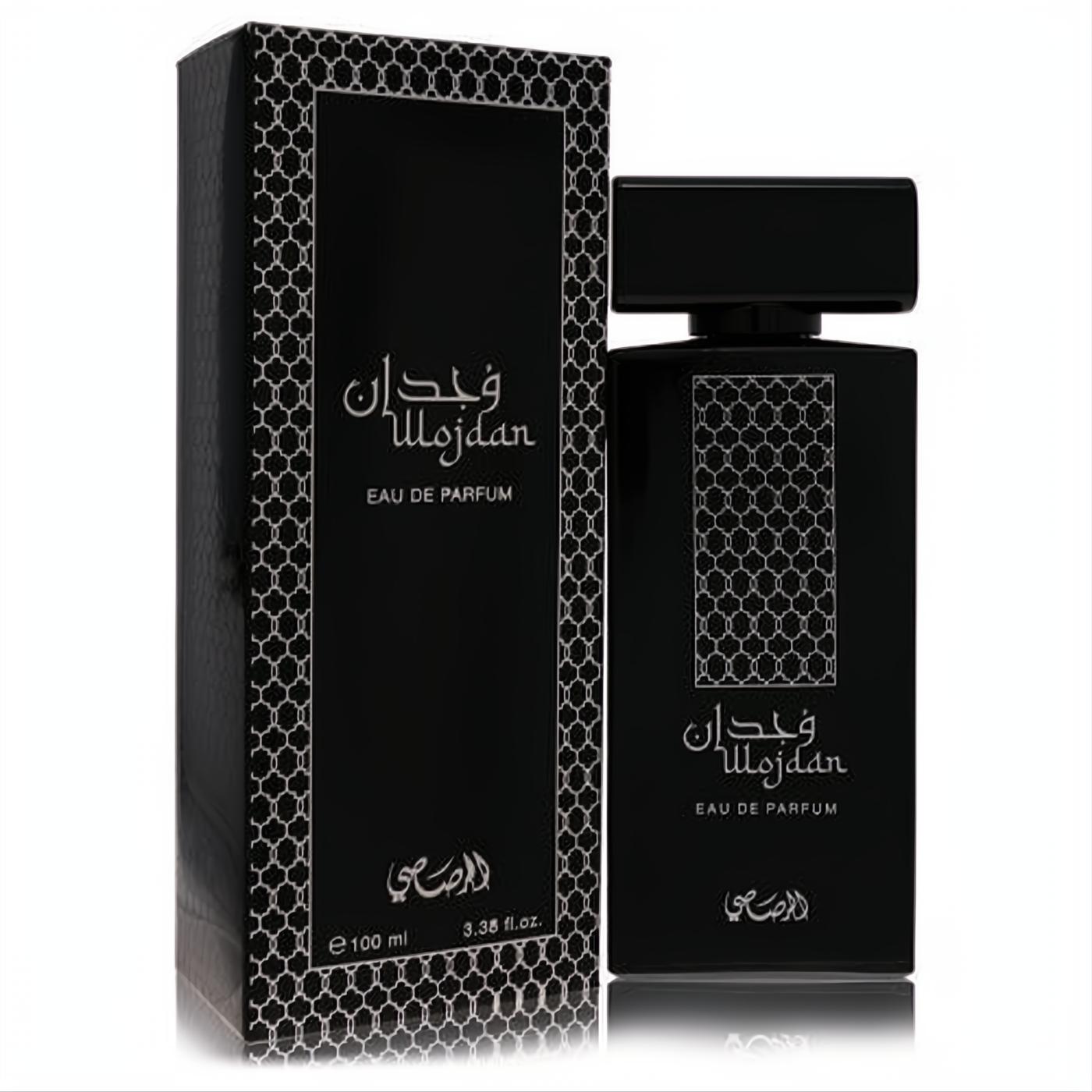 Distinctive Rasasi Wojdan 3.4 oz black Eau De Parfum spray bottle and box with elegant white geometric pattern.
