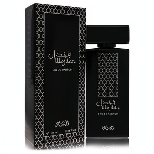 Distinctive Rasasi Wojdan 3.4 oz black Eau De Parfum spray bottle and box with elegant white geometric pattern.