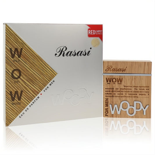 Rasasi Woody Eau De Parfum for men. Bold wood-grain bottle with metallic silver 'WOW WOODY' text and sleek white box.