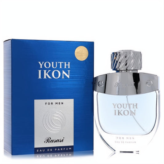 Sophisticated Rasasi Youth Ikon 3.3 oz men's fragrance. Blue box & elegant clear bottle with a distinctive silver cap.
