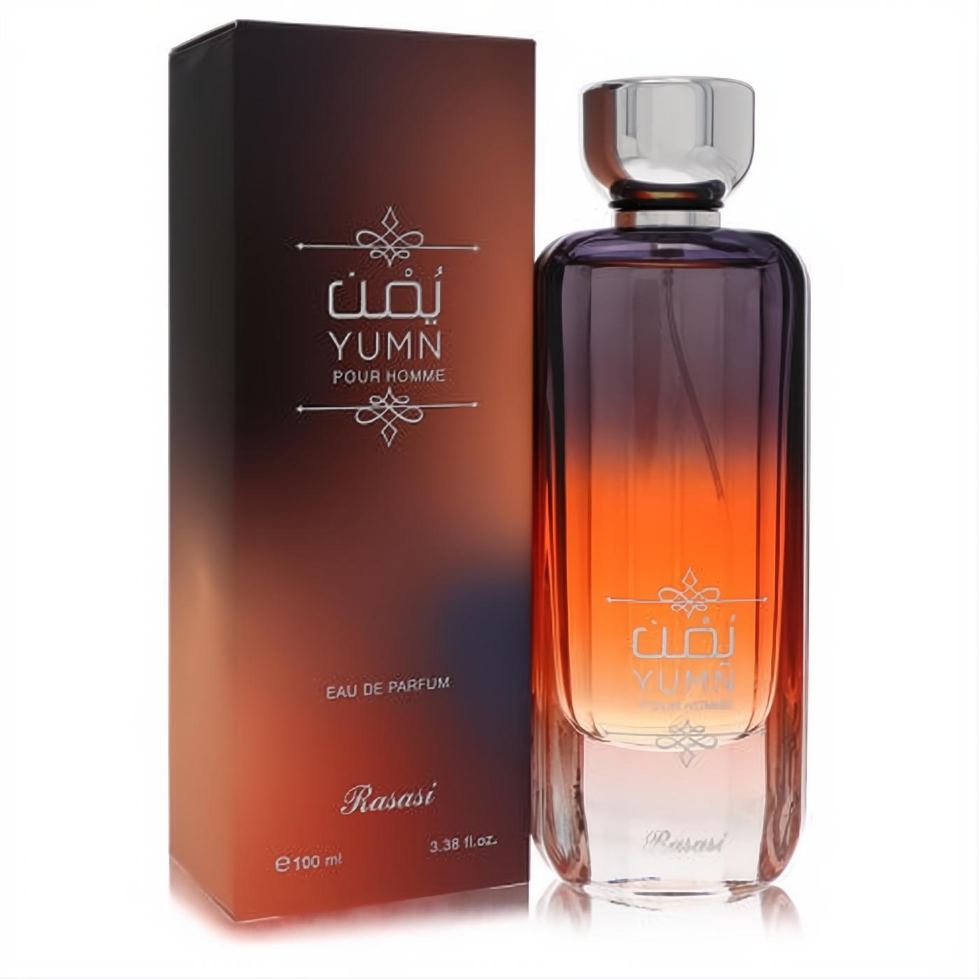 Rasasi Yumn 3.38 oz men's EDP in a captivating ombre orange-purple glass bottle with a sleek silver cap.