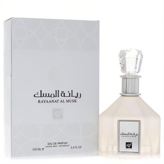 Rihanah Rayaanat Al Musk 3.4 oz unisex EDP. Elegant frosted white bottle, silver details, and faceted crystal cap.
