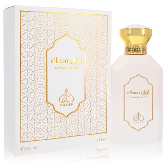 Luxurious Rayef Awwal Musk 3.4 oz unisex EDP. White bottle with gold cap and matching box, featuring elegant Arabic script and patterns.