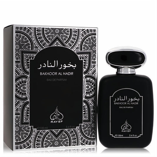 Rayef Bakhoor Al Nadir 3.4 oz unisex Eau De Parfum. Distinctive black bottle, silver cap, and elegant patterned box for a luxurious scent.