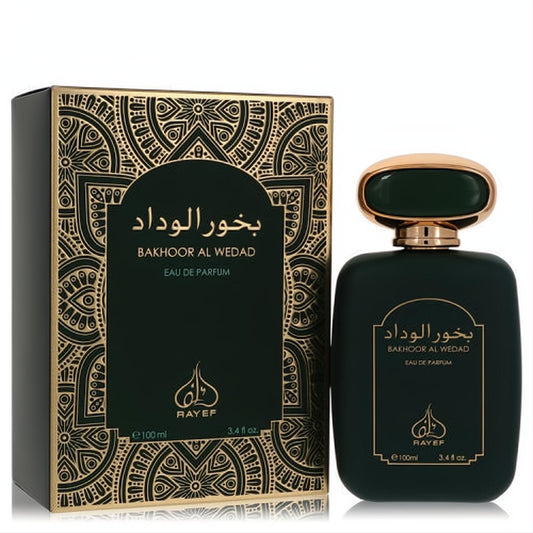 Luxurious Rayef Bakhoor Al Wedad 3.4 oz unisex EDP. Distinctive dark green bottle with gold cap and ornate Arabic-patterned box.