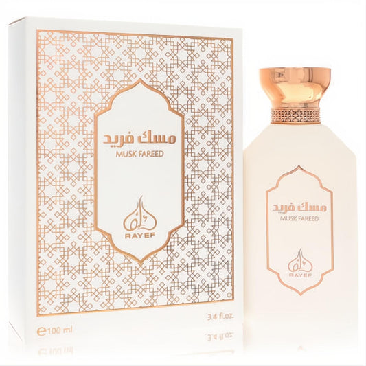 Rayef Musk Fareed 3.4 oz unisex EDP spray in a luxurious white bottle with a gold cap and matching ornate Arabic design box.
