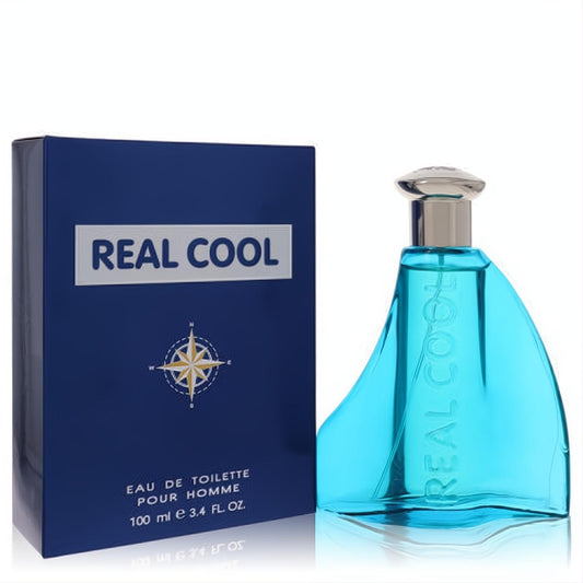 Real Cool 3.4 oz men's Eau De Toilette. Striking blue bottle, elegant silver cap, and dark blue box with compass detail.