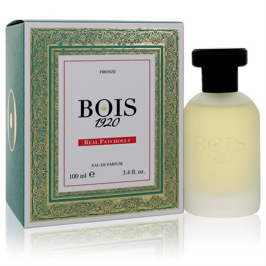 Bois 1920 Real Patchouly Eau De Parfum 3.4 oz. Luxurious frosted bottle and ornate green, gold-bordered box.
