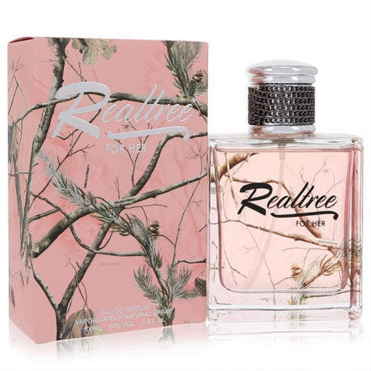 RealTree FOR HER 3.4 oz Eau de Parfum. Stylish pink camo bottle & box, silver cap. A refreshing earthy floral scent.