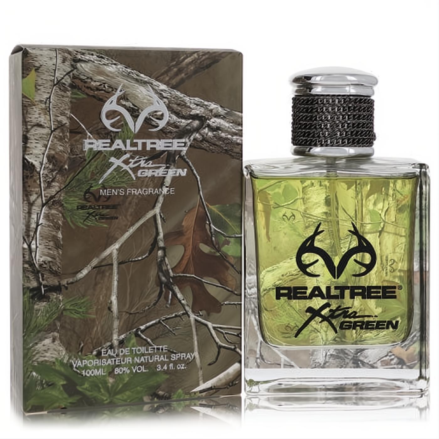 RealTree Xtra Green 3.4 oz men's Eau De Toilette. Clear bottle with vibrant green liquid, sleek silver cap, and rugged camo box.