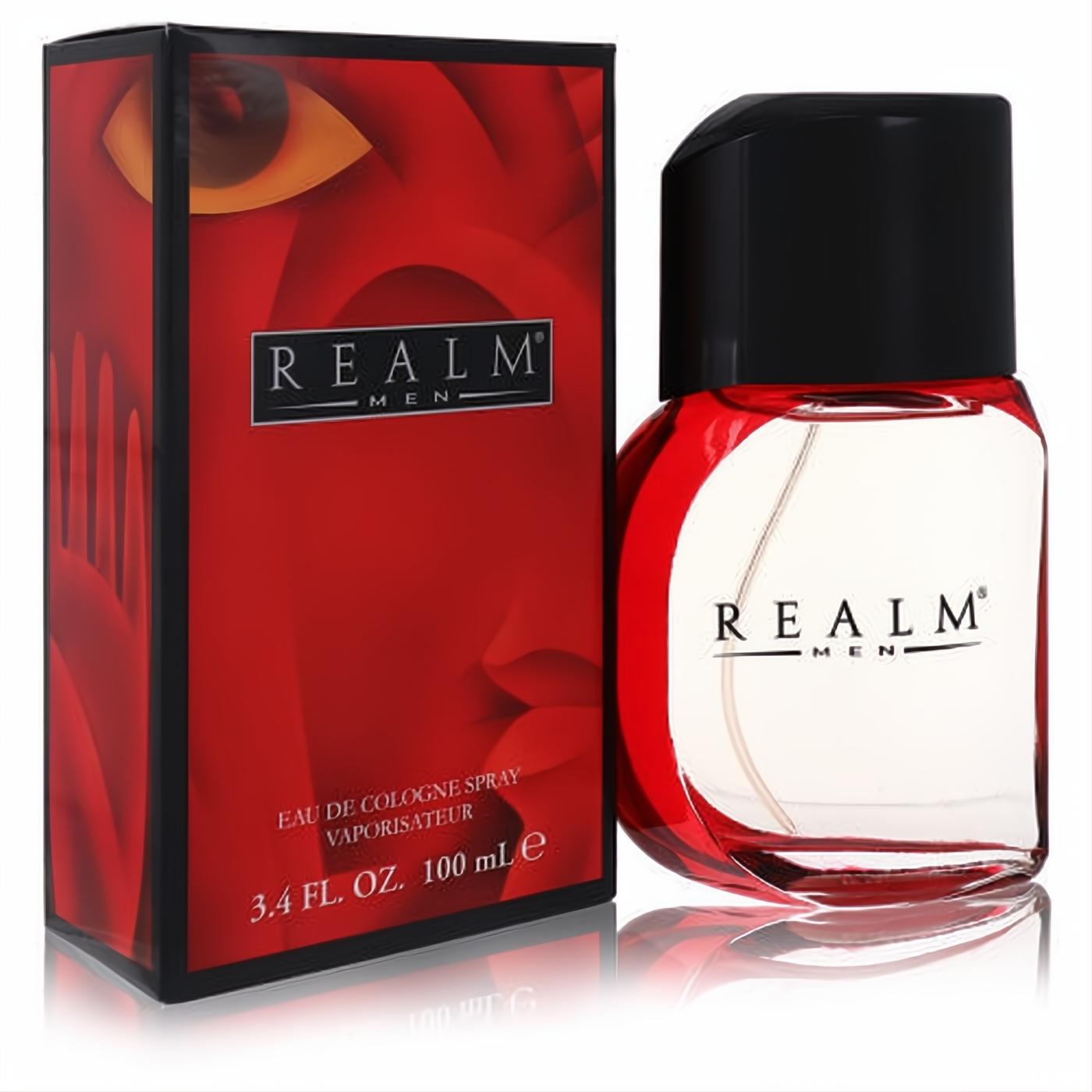 Realm Men's 3.4 oz cologne: striking red box with eye design, clear bottle showcasing vibrant red fragrance, black cap.