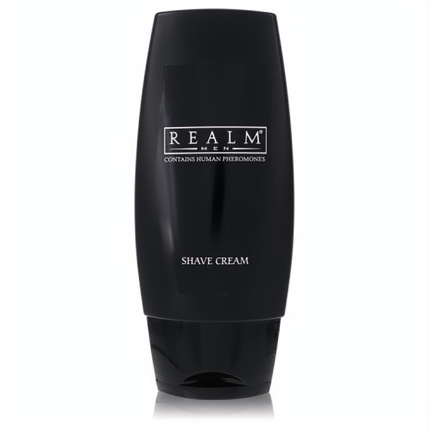 Experience Realm Men's Shave Cream. Bold black bottle with white branding, contains human pheromones for an irresistible shave.