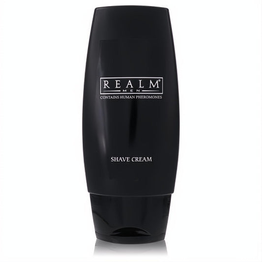 Experience Realm Men's Shave Cream. Bold black bottle with white branding, contains human pheromones for an irresistible shave.