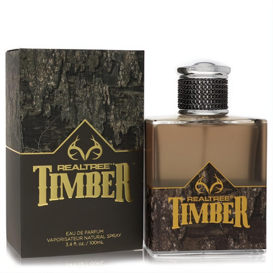 Discover Realtree Timber 3.4 oz men's Eau De Parfum. Features a rugged bark-patterned bottle, gold logo, and sleek metallic cap.