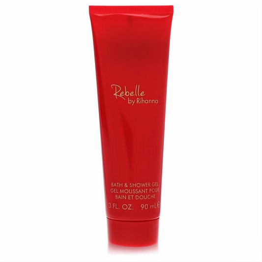 Indulge with Rebelle by Rihanna's vibrant red 3 oz shower gel tube, featuring the gold script logo and product details.