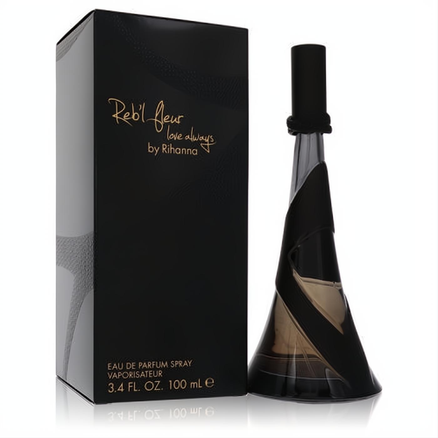 Rihanna Reb'l Fleur Love Always 3.4 oz EDP. Signature dark glass bottle with black ribbon and elegant black box with gold script.
