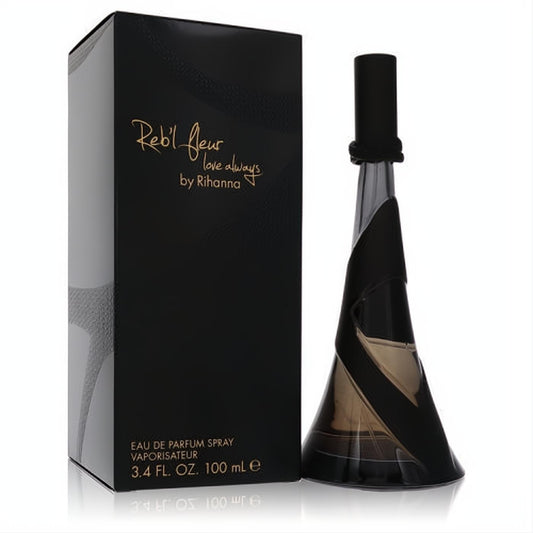 Rihanna Reb'l Fleur Love Always 3.4 oz EDP. Signature dark glass bottle with black ribbon and elegant black box with gold script.