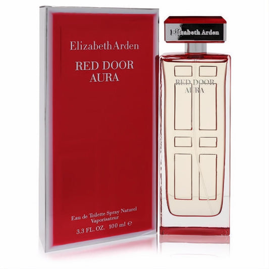 Elizabeth Arden Red Door Aura 3.3 oz EDT. Elegant clear glass bottle with iconic door design, next to a vibrant red box.
