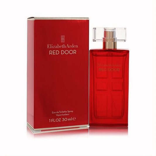 Elegant Elizabeth Arden Red Door 1oz EDT spray. Distinctive red glass bottle with a door design, clear cap, and luxurious matching red box.