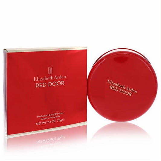 Luxurious Red Door Elizabeth Arden 2.6 oz perfumed body powder in a vibrant red box and matching compact.