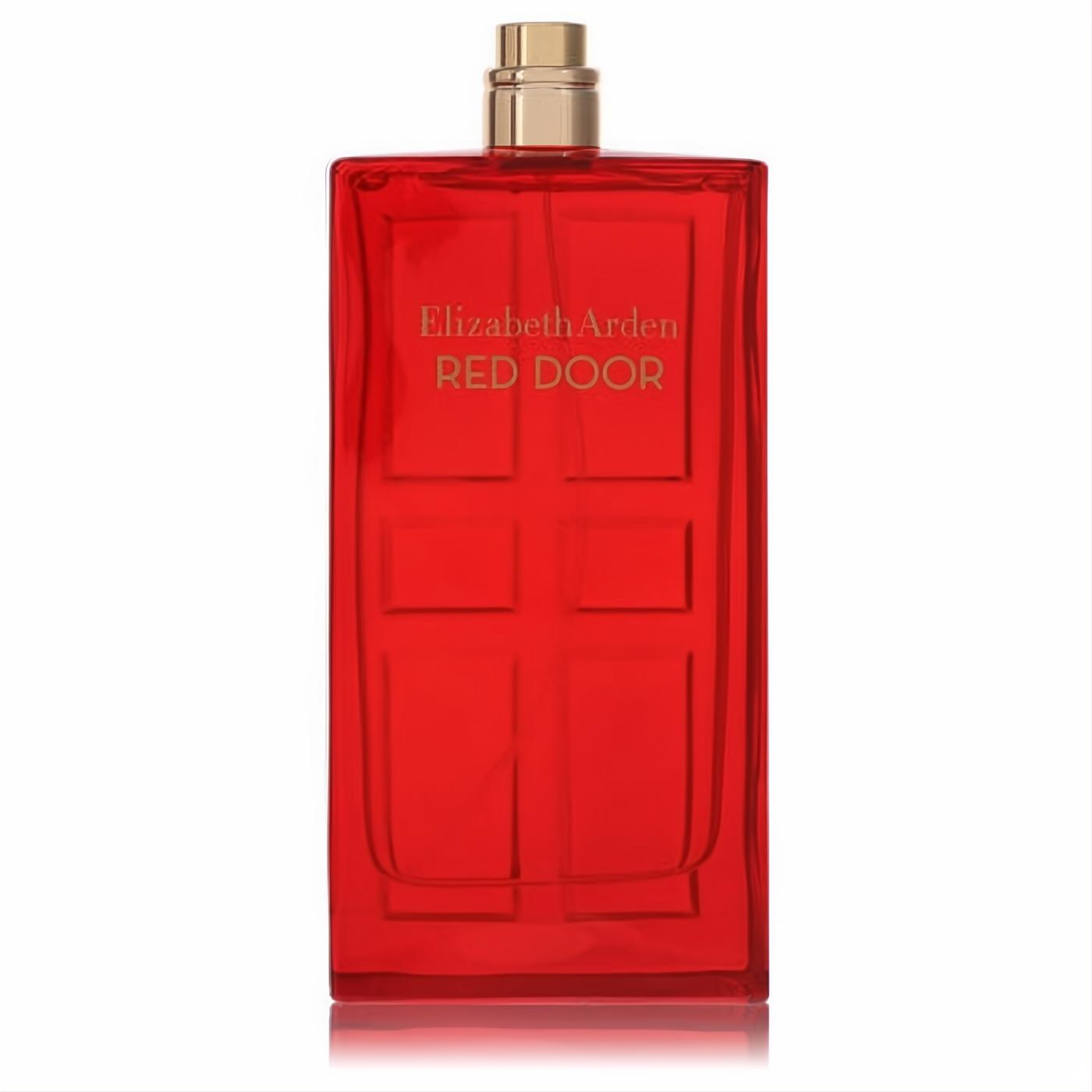 Elegant Elizabeth Arden Red Door perfume tester. Vibrant red glass bottle with a distinctive door design and luxurious gold cap.