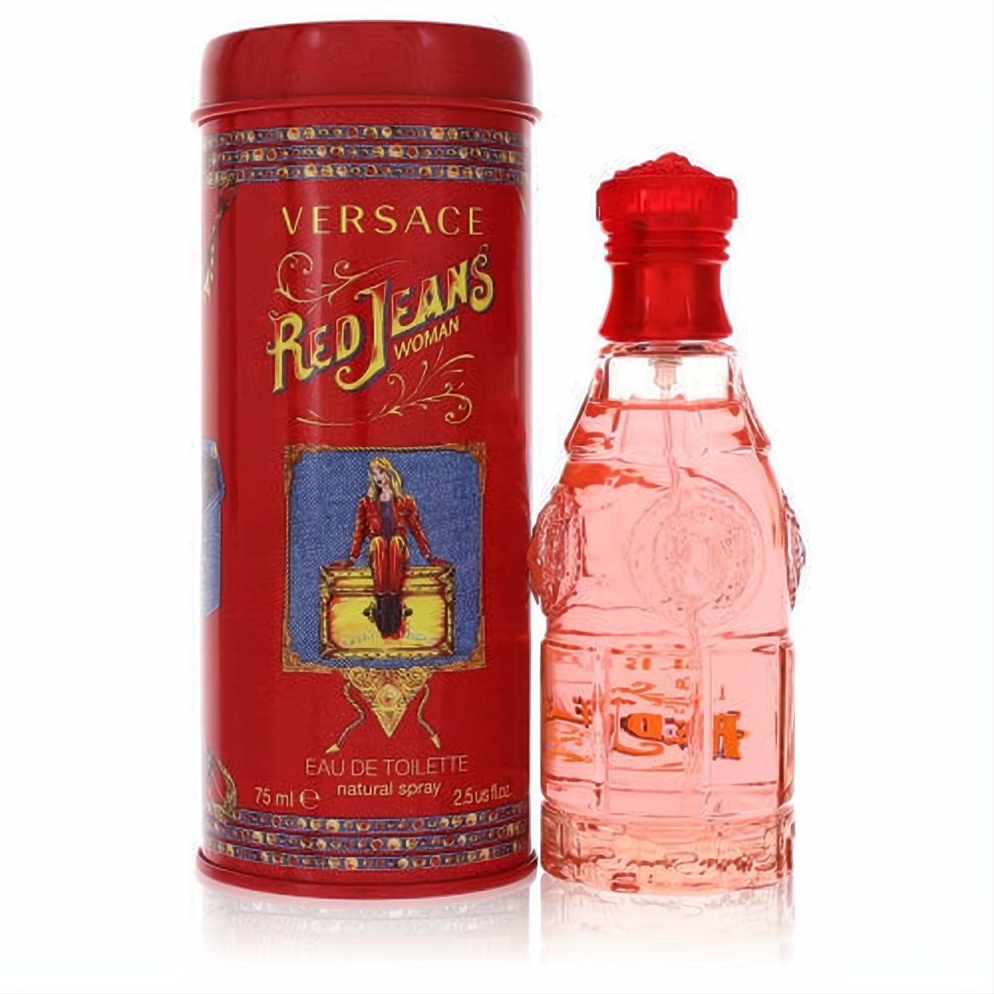 Versace Red Jeans 2.5 oz EDT for women. Features a vibrant red collector's tin and an ornate pink glass bottle.