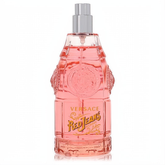 Discover Versace Red Jeans Woman EDT spray. Iconic pink fragrance in a unique sculpted glass bottle with a gold logo and sleek silver cap.