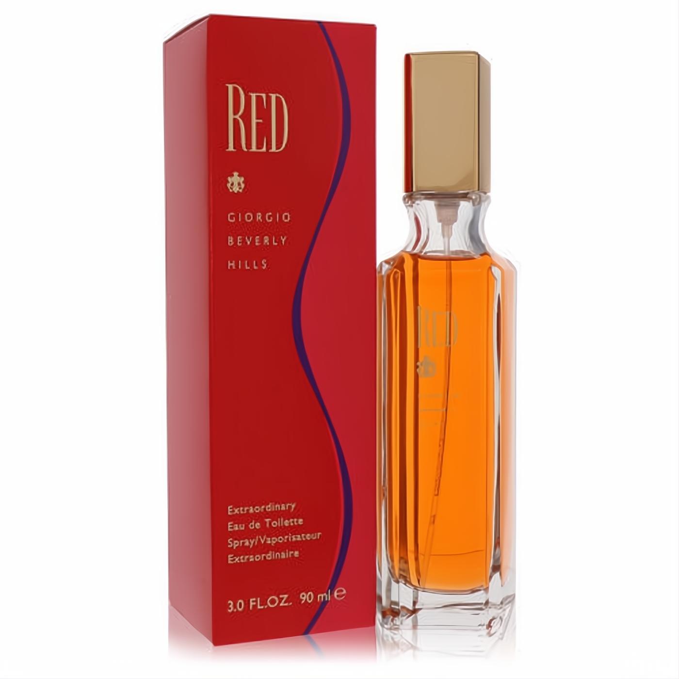 Experience Red by Giorgio Beverly Hills 3 oz EDT spray. Clear bottle with amber fragrance, gold cap, next to its iconic red box.