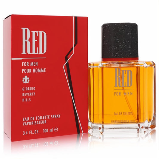 Bold Red by Giorgio Beverly Hills 3.4 oz EDT for men, with a striking red box and faceted glass bottle holding amber fragrance.