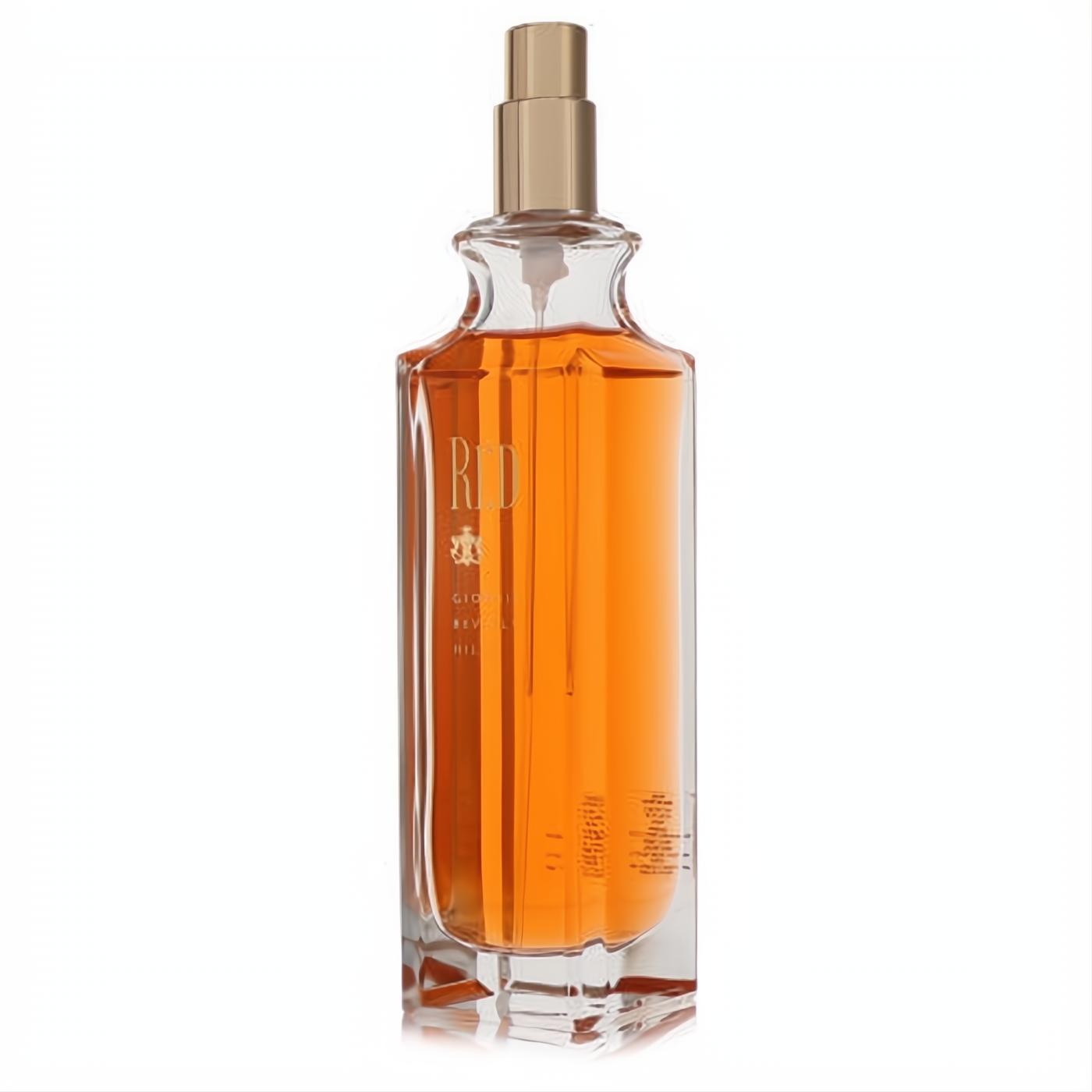 Vibrant Red by Giorgio Beverly Hills women's fragrance in a sleek clear glass bottle with a luxurious gold sprayer and rich amber liquid.