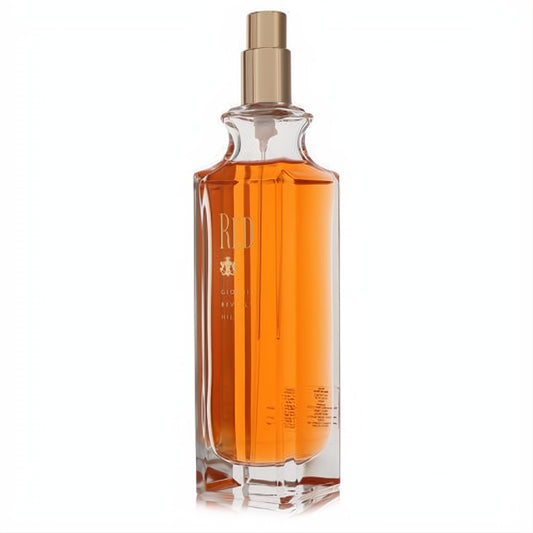 Vibrant Red by Giorgio Beverly Hills women's fragrance in a sleek clear glass bottle with a luxurious gold sprayer and rich amber liquid.